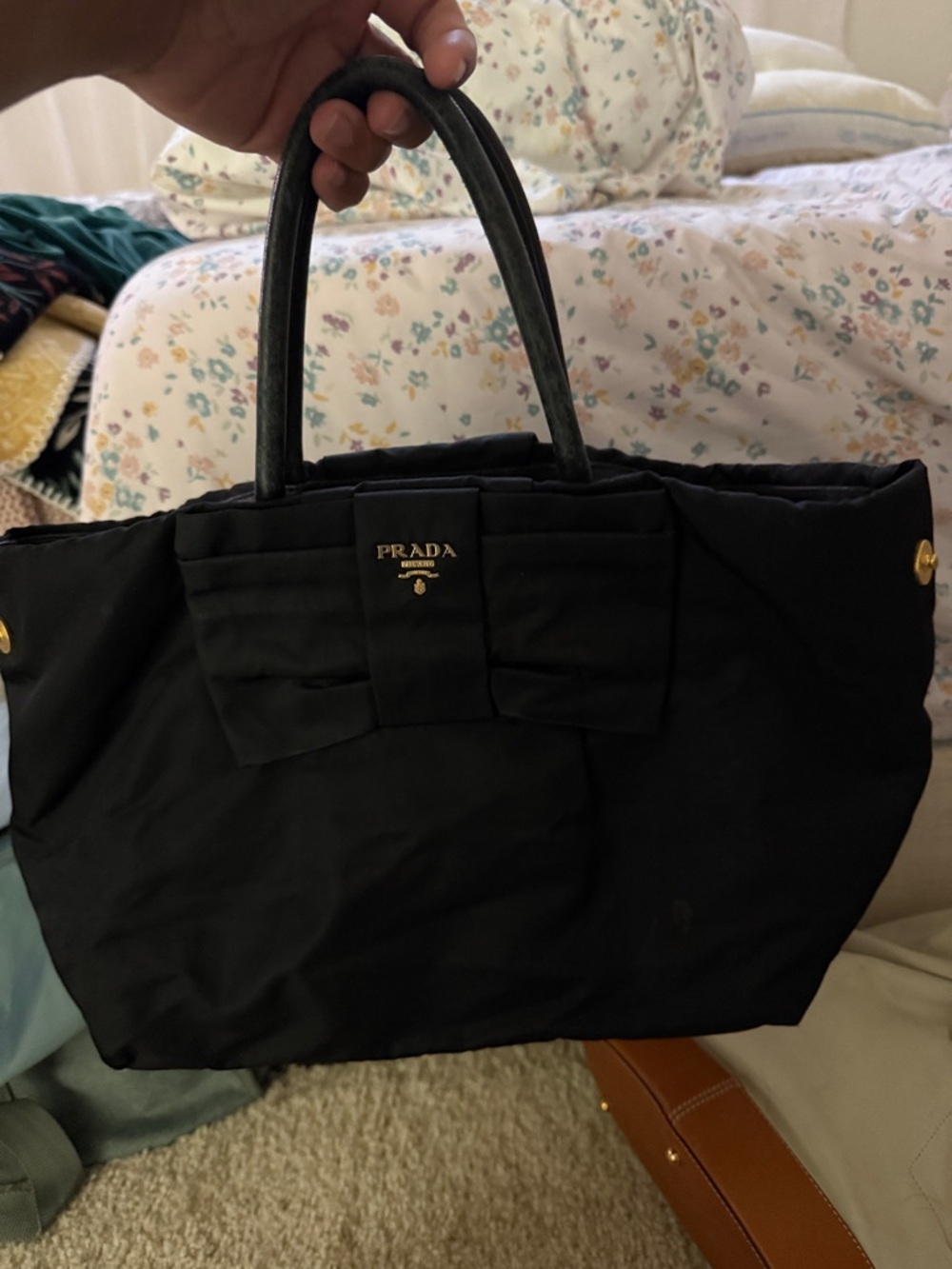 Prada Black Nylon Bow-Accent Tote with Gold Logo